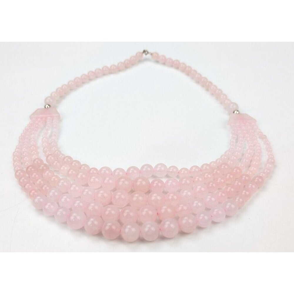 Graduated Pink Rose Quartz Beaded Bib Necklace & Bracelet Sterling Silver 925 - Picture 8 of 10